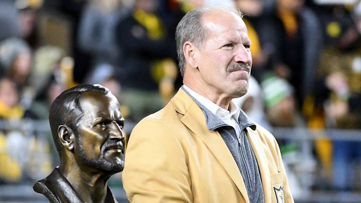 Oct 17, 2021; Pittsburgh, Pennsylvania, USA;  Pittsburgh Steelers former head coach Bill Cowher stands beside his bust during halftime against the Seattle Seahawks at Heinz Field. Cowher was recognized for his induction into the Pro Football Hall of Fame. Mandatory Credit: Philip G. Pavely-USA TODAY Sports
