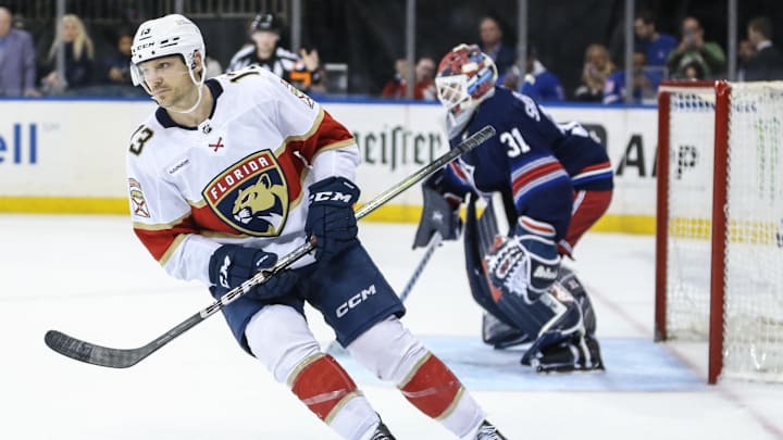 Mar 23, 2024; New York, New York, USA; Florida Panthers center Sam Reinhart (13) circles back after