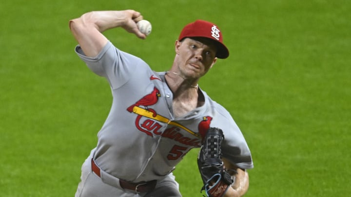 Jun 27, 2025; Cleveland, Ohio, USA; St. Louis Cardinals starting pitcher Sonny Gray (54) delivers a pitch in the ninth inning against the Cleveland Guardians at Progressive Field. Mandatory Credit: David Richard-Imagn Images