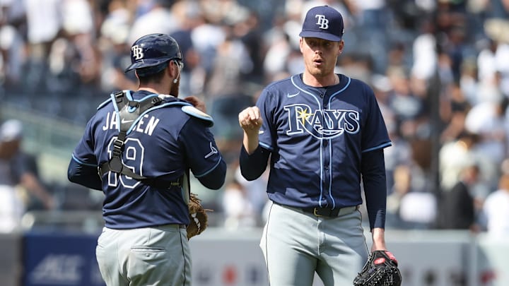 May 3, 2025; Bronx, New York, USA;  Tampa Bay Rays relief pitcher Pete Fairbanks (29) celebrates with catcher Danny Jansen (19) after defeating the New York Yankees 3-2 at Yankee Stadium. Mandatory Credit: Wendell Cruz-Imagn Images