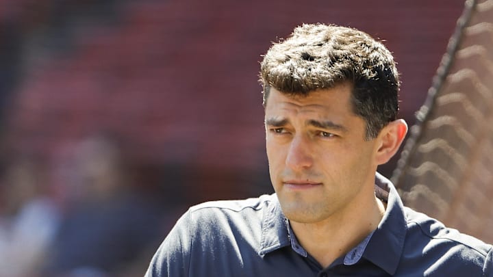Aug 28, 2022; Boston, Massachusetts, USA; Chaim Bloom, Chief Baseball Officer of the Boston Red Sox on the field before the game between the Boston Red Sox and the Tampa Bay Rays at Fenway Park. Mandatory Credit: Winslow Townson-Imagn Images