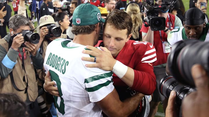 Sep 9, 2024; Santa Clara, California, USA; New York Jets quarterback Aaron Rodgers (8) greets San Francisco 49ers quarterback Brock Purdy (13) after a game at Levi's Stadium. Sep 9, 2024; Santa Clara, California, USA; New York Jets quarterback Aaron Rodgers (8) greets San Francisco 49ers quarterback Brock Purdy (13) after a game at Levi's Stadium.