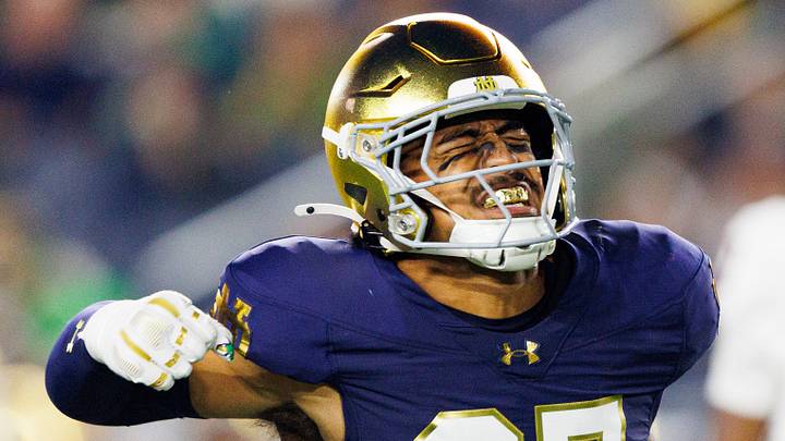Notre Dame linebacker Kyngstonn Viliamu-Asa celebrates after getting a stop in the first half of a NCAA football game against Texas A&M at Notre Dame Stadium on Saturday, Sept. 13, 2025, in South Bend.