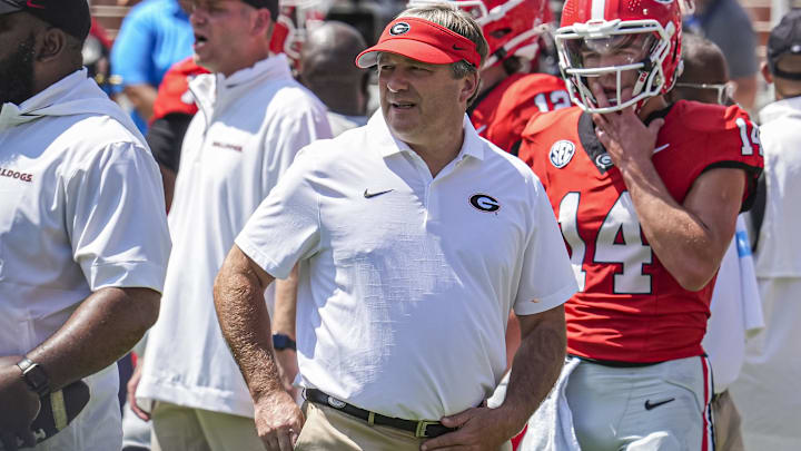 Sep 7, 2024; Athens, Georgia, USA; Georgia Bulldogs head coach Kirby Smart shown on the field during pregame warmup prior to the game against the Tennessee Tech Golden Eagles at Sanford Stadium. Mandatory Credit: Dale Zanine-Imagn Images