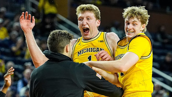 Michigan forward Sam Walters (24), right, celebrates a play against Cleveland State with center Danny Wolf (1) during the second half at Crisler Center in Ann Arbor on Monday, Nov. 4, 2024. Michigan forward Sam Walters (24), right, celebrates a play against Cleveland State with center Danny Wolf (1) during the second half at Crisler Center in Ann Arbor on Monday, Nov. 4, 2024.