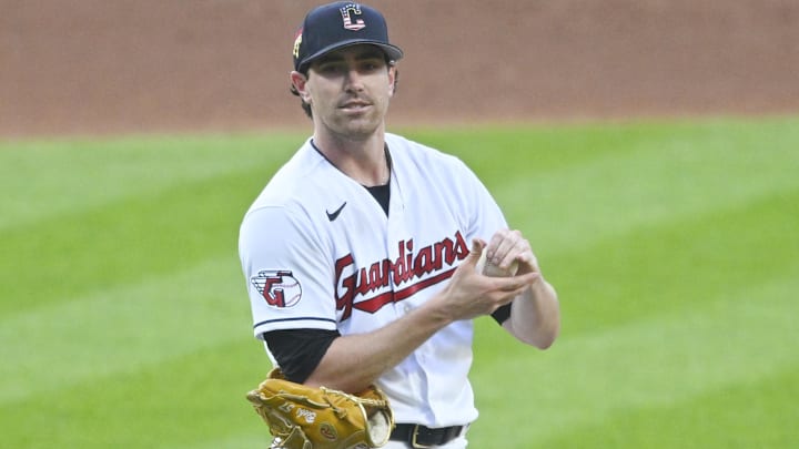 Jul 4, 2023; Cleveland, Ohio, USA; Cleveland Guardians starting pitcher Shane Bieber (57) reacts after giving up a home run in the fifth inning against the Atlanta Braves at Progressive Field. Mandatory Credit: David Richard-Imagn Images Jul 4, 2023; Cleveland, Ohio, USA; Cleveland Guardians starting pitcher Shane Bieber (57) reacts after giving up a home run in the fifth inning against the Atlanta Braves at Progressive Field. Mandatory Credit: David Richard-Imagn Images