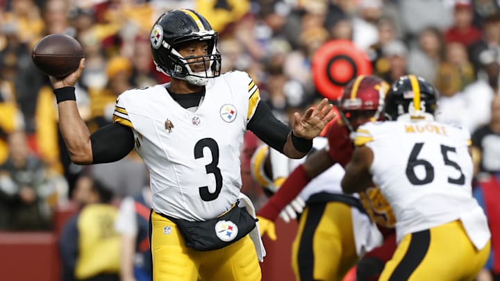 Nov 10, 2024; Landover, Maryland, USA; Pittsburgh Steelers quarterback Russell Wilson (3) passes the ball against the Washington Commanders during the first half at Northwest Stadium. Mandatory Credit: Geoff Burke-Imagn Images