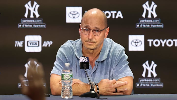 Aug 23, 2023; Bronx, New York, USA; New York Yankees general manager Brian Cashman talks with the media before the game between the Yankees and the Washington Nationals at Yankee Stadium. Mandatory Credit: Vincent Carchietta-Imagn Images Aug 23, 2023; Bronx, New York, USA; New York Yankees general manager Brian Cashman talks with the media before the game between the Yankees and the Washington Nationals at Yankee Stadium. Mandatory Credit: Vincent Carchietta-Imagn Images