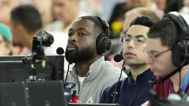 Aug 10, 2024; Paris, France; Dwayne Wade and Noah Eagle during men's basketball bronze medal game between Serbia and Germany during the Paris 2024 Olympic Summer Games at Accor Arena. Mandatory Credit: Kyle Terada-Imagn Images Aug 10, 2024; Paris, France; Dwayne Wade and Noah Eagle during men's basketball bronze medal game between Serbia and Germany during the Paris 2024 Olympic Summer Games at Accor Arena. Mandatory Credit: Kyle Terada-Imagn Images