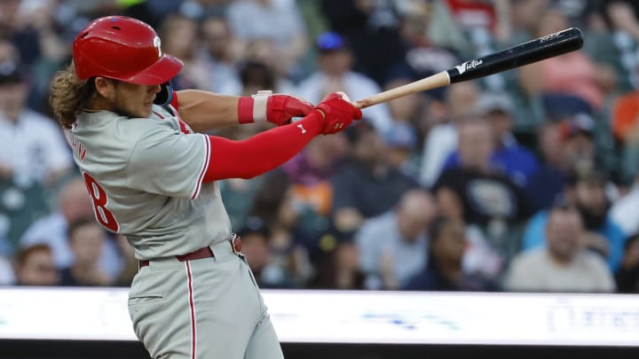 Jun 24, 2024; Detroit, Michigan, USA; Philadelphia Phillies third baseman Alec Bohm (28) hits a single in the fifth inning against the Detroit Tigers at Comerica Park. Jun 24, 2024; Detroit, Michigan, USA; Philadelphia Phillies third baseman Alec Bohm (28) hits a single in the fifth inning against the Detroit Tigers at Comerica Park.