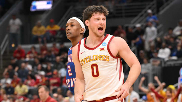 Mar 20, 2026; St. Louis, MO, USA; Iowa State Cyclones guard Nate Heise (0) and Iowa State Cyclones guard Mason Williams (2) react during the first half of a first round game of the men's 2026 NCAA Tournament at Enterprise Center. Mandatory Credit: Jeff Curry-Imagn Images Mar 20, 2026; St. Louis, MO, USA; Iowa State Cyclones guard Nate Heise (0) and Iowa State Cyclones guard Mason Williams (2) react during the first half of a first round game of the men's 2026 NCAA Tournament at Enterprise Center. Mandatory Credit: Jeff Curry-Imagn Images