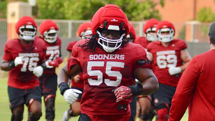 Oklahoma offensive lineman Eddy Pierre-Louis runs during practice. Oklahoma offensive lineman Eddy Pierre-Louis runs during practice.