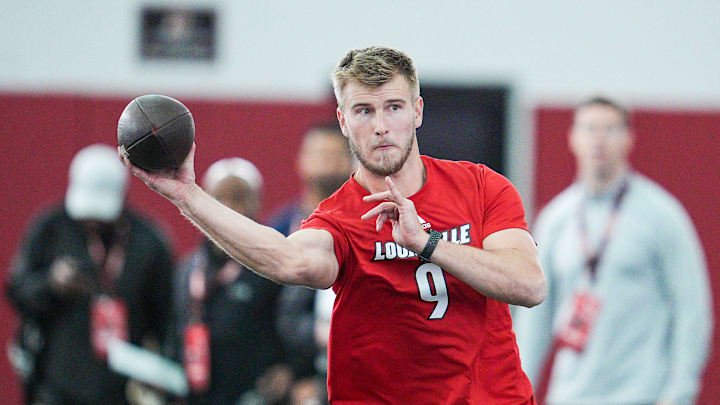 Louisville quarterback Tyler Shough during Pro Day at the UofL Football's Trager Indoor Practice Facility Tuesday, March 25, 2025. Louisville quarterback Tyler Shough during Pro Day at the UofL Football's Trager Indoor Practice Facility Tuesday, March 25, 2025.