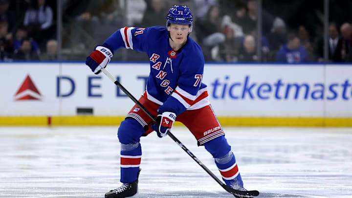 Mar 2, 2025; New York, New York, USA; New York Rangers center Juuso Parssinen (71) skates against the Nashville Predators during the third period at Madison Square Garden. Mandatory Credit: Brad Penner-Imagn Images