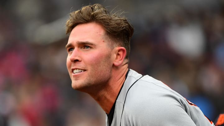 Detroit Tigers right fielder Kerry Carpenter (30) watches from the dugout. 