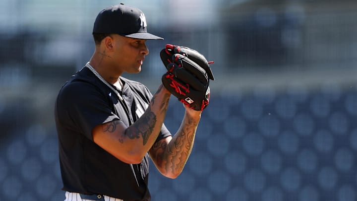 Feb 15, 2025; Tampa, FL, USA; New York Yankees starting pitcher Luis Gil (81) participates in spring training workouts at George M. Steinbrenner Field. Feb 15, 2025; Tampa, FL, USA; New York Yankees starting pitcher Luis Gil (81) participates in spring training workouts at George M. Steinbrenner Field.