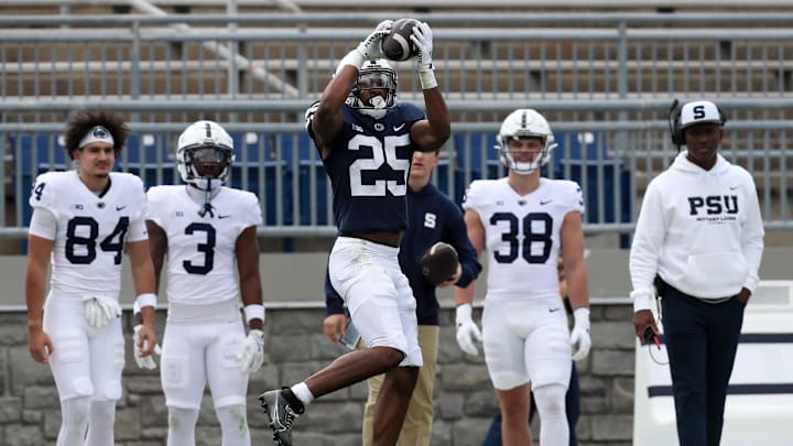 Penn State Nittany Lions running back Quinton Martin Jr. makes a catch during the 2025 Blue-White spring game at Beaver Stadium.