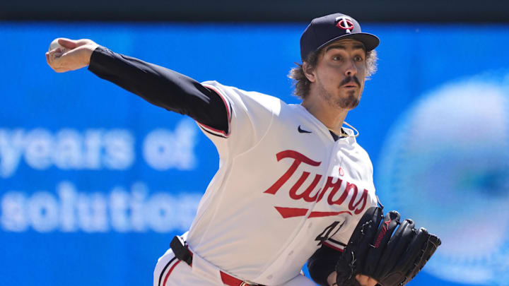 May 3, 2026; Minneapolis, Minnesota, USA; Minnesota Twins starting pitcher Joe Ryan (41) throws to the Toronto Blue Jays in the first inning at Target Field. Mandatory Credit: Bruce Kluckhohn-Imagn Images