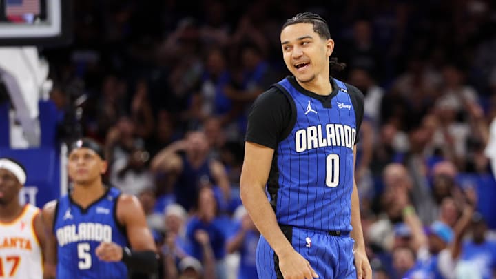 Apr 15, 2025; Orlando, Florida, USA; Orlando Magic guard Anthony Black (0) reacts after making a basket against the Atlanta Hawks in the first quarter at Kia Center. Mandatory Credit: Nathan Ray Seebeck-Imagn Images
