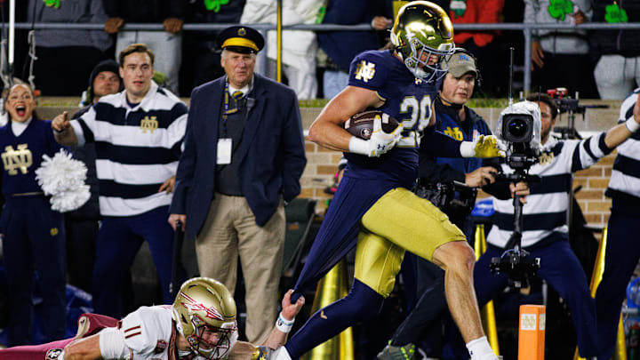 Notre Dame safety Luke Talich (28) runs into the end zone for a touchdown after intercepting a pass during a NCAA college football game against Florida State at Notre Dame Stadium on Saturday, Nov. 9, 2024, in South Bend. Notre Dame safety Luke Talich (28) runs into the end zone for a touchdown after intercepting a pass during a NCAA college football game against Florida State at Notre Dame Stadium on Saturday, Nov. 9, 2024, in South Bend.