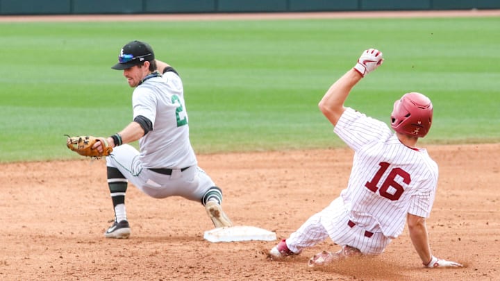 Alabama's Owen Diodati runs back to second after a flyout but is beat to the plate by Wright State second baseman Damon Dues in Alabama's first matchup of a doubleheader against Wright State on Saturday, Feb. 27, 2021. Alabama's Owen Diodati runs back to second after a flyout but is beat to the plate by Wright State second baseman Damon Dues in Alabama's first matchup of a doubleheader against Wright State on Saturday, Feb. 27, 2021.