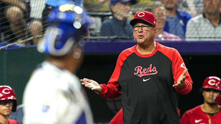 May 28, 2025; Kansas City, Missouri, USA; Cincinnati Reds manager Terry Francona (77) is ejected during the ninth inning against the Kansas City Royals at Kauffman Stadium. Mandatory Credit: Jay Biggerstaff-Imagn Images