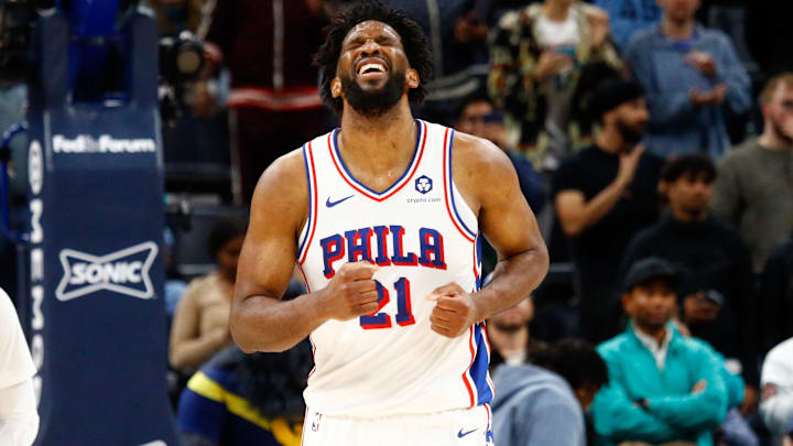 Nov 20, 2024; Memphis, Tennessee, USA; Philadelphia 76ers center Joel Embiid (21) reacts after a turnover during the second half against the Memphis Grizzlies at FedExForum. Mandatory Credit: Petre Thomas-Imagn Images