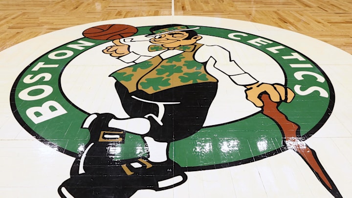 May 15, 2022; Boston, Massachusetts, USA; The Boston Celtics logo is seen at center court before game seven of the second round of the 2022 NBA playoffs between the Boston Celtics and the Milwaukee Bucks at TD Garden. Mandatory Credit: Winslow Townson-Imagn Images