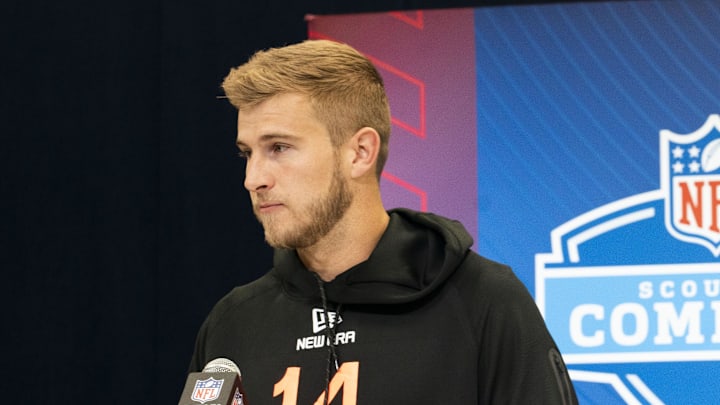 Louisville quarterback Tyler Shough talks to the press during the 2025 NFL Combine at Indiana Convention Center.