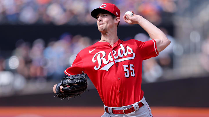 Sep 17, 2023; New York City, New York, USA; Cincinnati Reds starting pitcher Brandon Williamson (55) pitches against the New York Mets during the first inning at Citi Field. Mandatory Credit: Brad Penner-Imagn Images