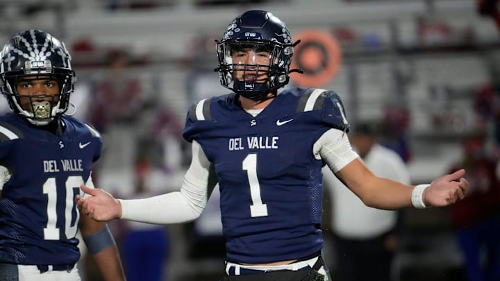 Del Valle High School's Jake Fette talks to his sideline during their game against Cooper High School at Del Valle High School on Nov. 14, 2024. Del Valley won their opening playoff game.