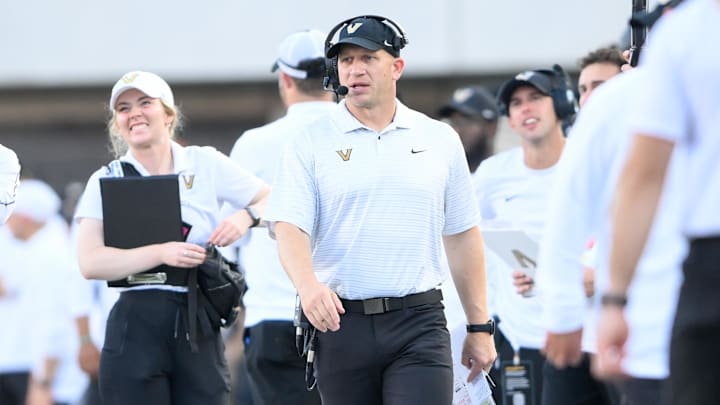 Oct 5, 2024; Nashville, Tennessee, USA; Vanderbilt Commodores head coach Clark Lea paces up and down the sidelines against the Alabama Crimson Tide during the second half at FirstBank Stadium. Mandatory Credit: Steve Roberts-Imagn Images Oct 5, 2024; Nashville, Tennessee, USA; Vanderbilt Commodores head coach Clark Lea paces up and down the sidelines against the Alabama Crimson Tide during the second half at FirstBank Stadium. Mandatory Credit: Steve Roberts-Imagn Images