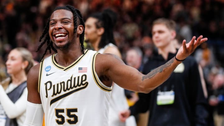 Purdue guard Lance Jones (55) celebrates 72-66 win over Tennessee at the NCAA tournament Midwest Purdue guard Lance Jones (55) celebrates 72-66 win over Tennessee at the NCAA tournament Midwest