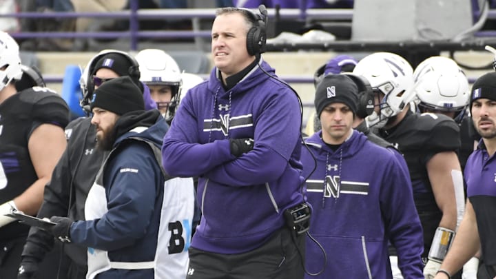 Nov 23, 2019; Evanston, IL, USA; Northwestern Wildcats head coach Pat Fitzgerald stands on the sidelines in a game against the Minnesota Golden Gophers during the first half at Ryan Field. Mandatory Credit: David Banks-Imagn Images