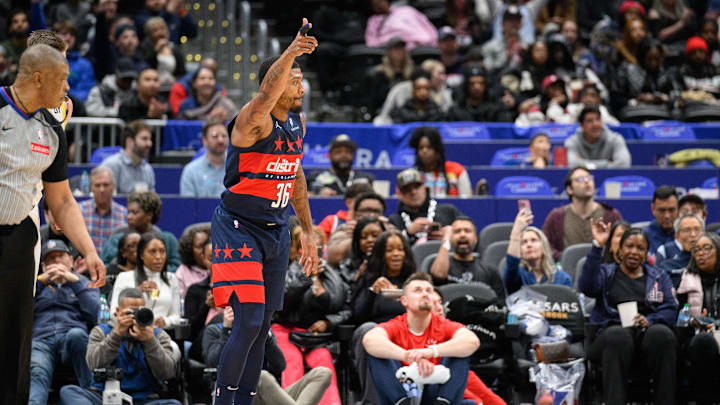 Mar 5, 2025; Washington, District of Columbia, USA; Washington Wizards guard Marcus Smart (36) reacts after making a shot during the fourth quarter against the Utah Jazz at Capital One Arena. Mandatory Credit: Reggie Hildred-Imagn Images