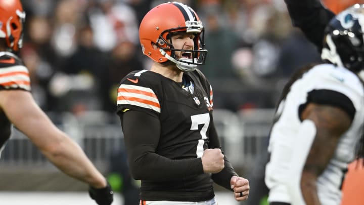 Dec 10, 2023; Cleveland, Ohio, USA; Cleveland Browns place kicker Dustin Hopkins (7) celebrates after kicking a field goal during the fourth quarter against the Jacksonville Jaguars at Cleveland Browns Stadium. Mandatory Credit: Ken Blaze-USA TODAY Sports