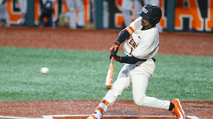 Oregon State's Jacob Galloway swings the bat during an NCAA college baseball game at Goss Stadium on Friday, March 6, 2026, in Corvallis, Ore.