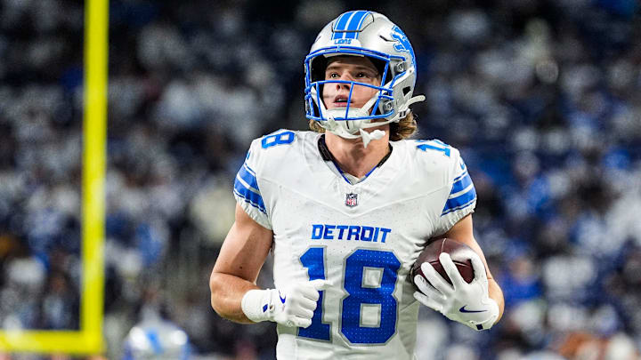Detroit Lions wide receiver Isaac Teslaa (18) warms up before the Dallas Cowboys game at Ford Field in Detroit on Thursday, Dec. 4, 2025.