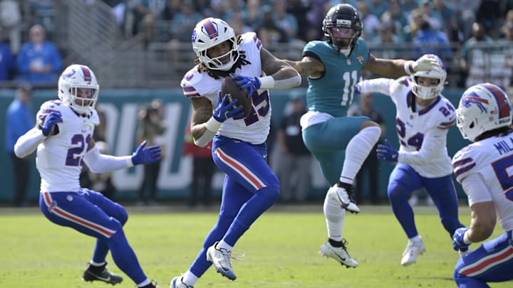 Jan 11, 2026; Jacksonville, FL, USA; Buffalo Bills linebacker Shaq Thompson (45) intercepts the ball during the first half against the Jacksonville Jaguars in an AFC Wild Card Round game at EverBank Stadium. Mandatory Credit: Melina Myers-Imagn Images