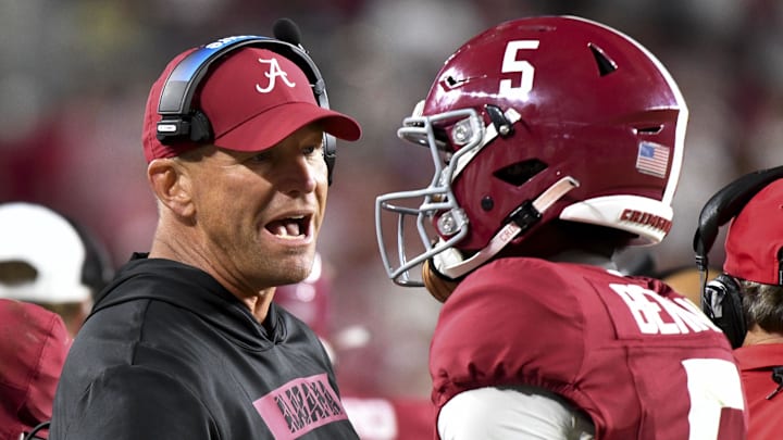 Sep 7, 2024; Tuscaloosa, Alabama, USA; Alabama Crimson Tide head coach Kalen DeBoer talks to wide receiver Germie Bernard (5) at Bryant-Denny Stadium. Alabama won 42-16. Mandatory Credit: Gary Cosby Jr.-Imagn Images Sep 7, 2024; Tuscaloosa, Alabama, USA; Alabama Crimson Tide head coach Kalen DeBoer talks to wide receiver Germie Bernard (5) at Bryant-Denny Stadium. Alabama won 42-16. Mandatory Credit: Gary Cosby Jr.-Imagn Images