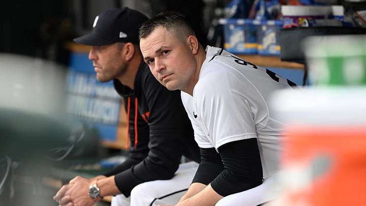 Jun 24, 2026; Detroit, Michigan, USA; Detroit Tigers starting pitcher Tarik Skubal (29) looks at the scoreboard from the dugout bench against the New York Yankees in the fifth inning at Comerica Park. Mandatory Credit: Lon Horwedel-Imagn Images