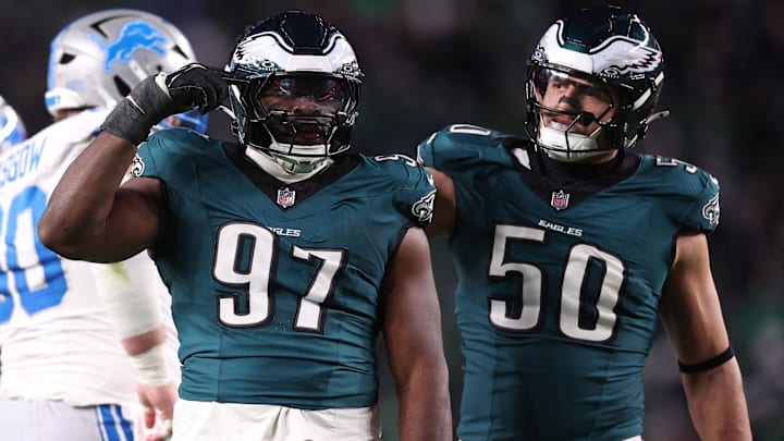 Nov 16, 2025; Philadelphia, Pennsylvania, USA;  Philadelphia Eagles defensive tackle Moro Ojomo (97) reacts against the Detroit Lions during the second half at Lincoln Financial Field. Mandatory Credit: Bill Streicher-Imagn Images