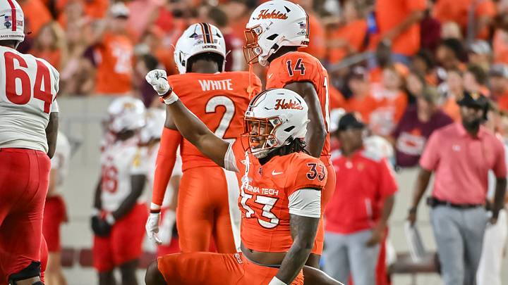 Sep 5, 2026; Blacksburg, Virginia, USA; Virginia Tech Hokies linebacker Keon Wylie (33) celebrates a sack of the VMI Keydets quarterback during the second quarter at Lane Stadium. Mandatory Credit: Brian Bishop-Imagn Images Sep 5, 2026; Blacksburg, Virginia, USA; Virginia Tech Hokies linebacker Keon Wylie (33) celebrates a sack of the VMI Keydets quarterback during the second quarter at Lane Stadium. Mandatory Credit: Brian Bishop-Imagn Images