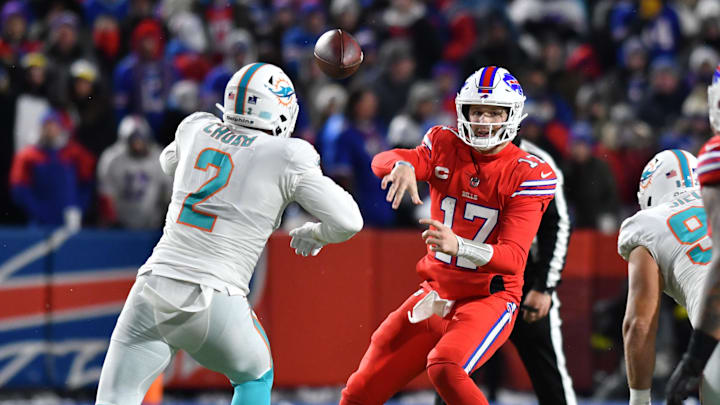 Dec 17, 2022; Orchard Park, New York, USA; Buffalo Bills quarterback Josh Allen (17) throws the ball