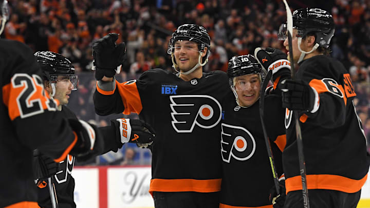 Feb 25, 2025; Philadelphia, Pennsylvania, USA; Philadelphia Flyers right wing Tyson Foerster (71) celebrates his goal with teammates against the Pittsburgh Penguins during the second period at Wells Fargo Center. 