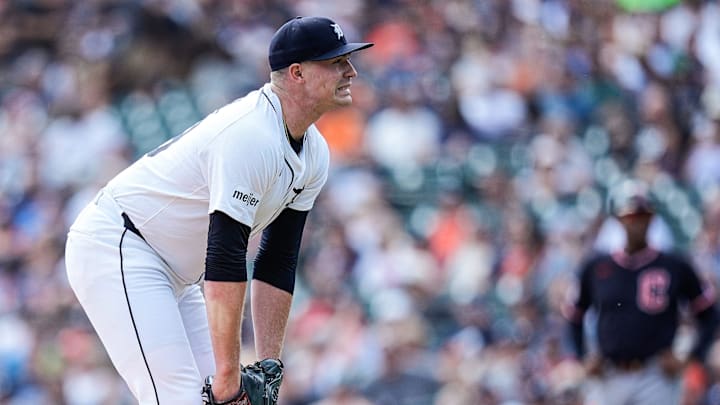 Detroit Tigers pitcher Tarik Skubal (29) reacts after a play against Cleveland Guardians during the sixth inning at Comerica Park in Detroit on Thursday, Sept. 18, 2025.