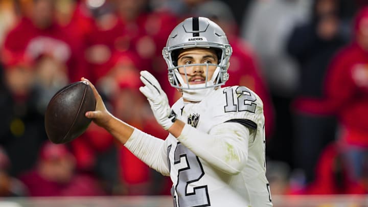 Nov 29, 2024; Kansas City, Missouri, USA; Las Vegas Raiders quarterback Aidan O'Connell (12) throws a pass during the second half against the Kansas City Chiefs at GEHA Field at Arrowhead Stadium. Mandatory Credit: Jay Biggerstaff-Imagn Images Nov 29, 2024; Kansas City, Missouri, USA; Las Vegas Raiders quarterback Aidan O'Connell (12) throws a pass during the second half against the Kansas City Chiefs at GEHA Field at Arrowhead Stadium. Mandatory Credit: Jay Biggerstaff-Imagn Images
