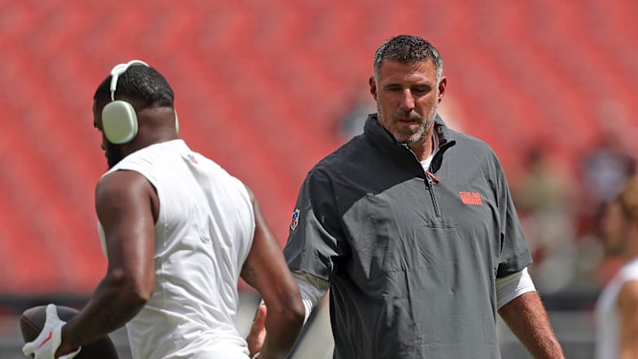 Cleveland Browns senior consultant Mike Vrabel, right, shares a moment with wide receiver Elijah Moore before a preseason game Aug. 10, 2024, in Cleveland. Cleveland Browns senior consultant Mike Vrabel, right, shares a moment with wide receiver Elijah Moore before a preseason game Aug. 10, 2024, in Cleveland.