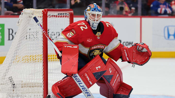 Feb 26, 2026; Sunrise, Florida, USA; Florida Panthers goaltender Sergei Bobrovsky (72) defends his net against the Toronto Maple Leafs during the second period at Amerant Bank Arena. Mandatory Credit: Sam Navarro-Imagn Images Feb 26, 2026; Sunrise, Florida, USA; Florida Panthers goaltender Sergei Bobrovsky (72) defends his net against the Toronto Maple Leafs during the second period at Amerant Bank Arena. Mandatory Credit: Sam Navarro-Imagn Images