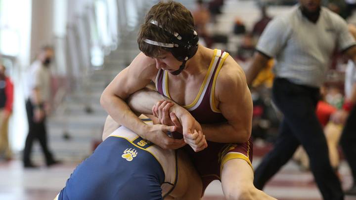 Kelly Dunnigan of Don Bosco defeated Patrick Phillips of Brearley to win a 132-pound semifinal of the NJISSA Wrestling Championships at Phillipsburg High on April 24, 2021.